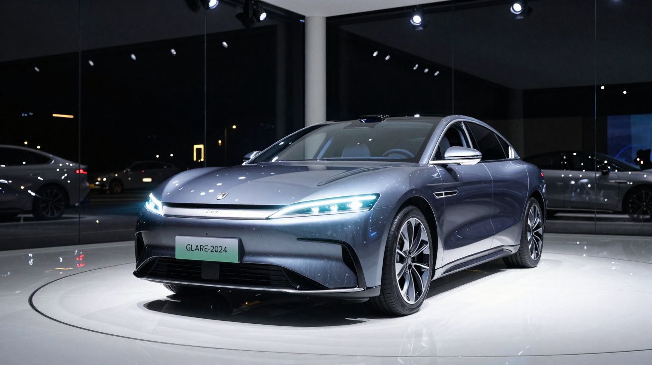 Carro elétrico cinza prata GLARE-2024 exibido num salão com luzes modernas e reflexos no vidro.