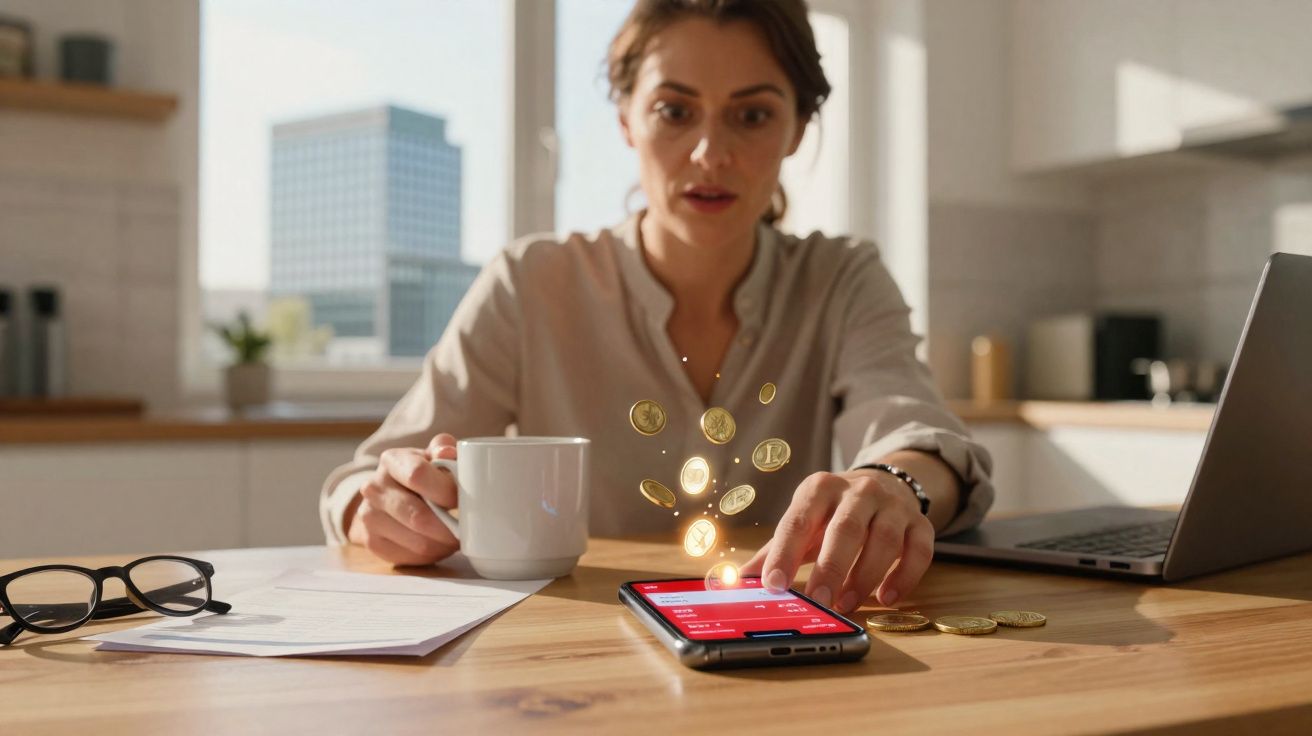 Mulher sentada à mesa com telemóvel, moedas digitais a flutuar e uma chávena de café na cozinha.