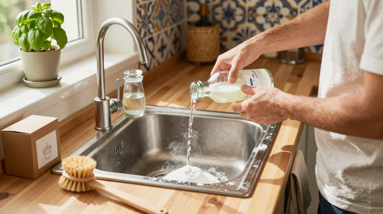 Pessoa a verter líquido numa pia inox sobre um montinho de pó branco numa cozinha com bancada de madeira.