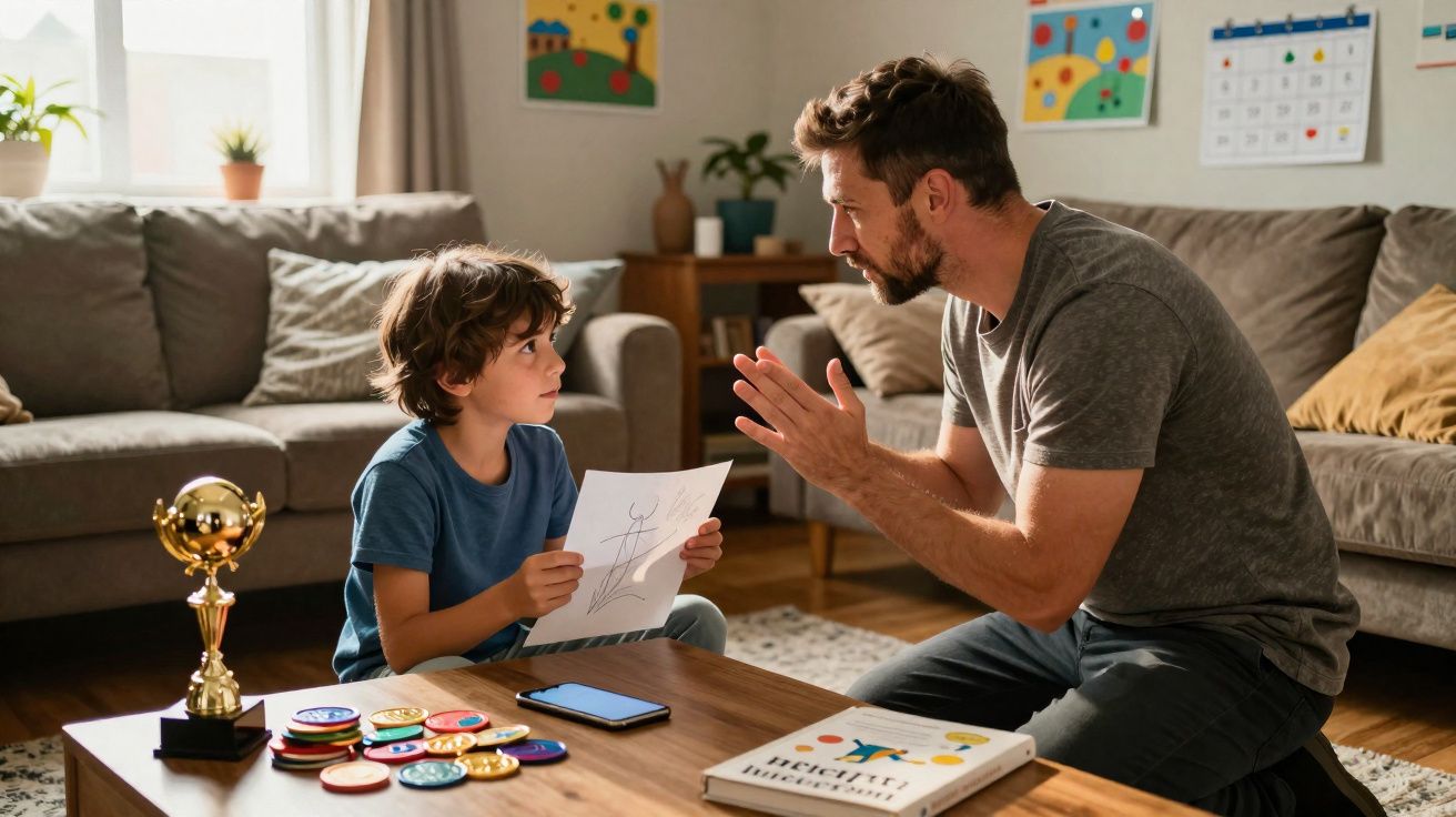 Pai e filho sentados à mesa da sala, o filho mostra desenho ao pai que conversa animadamente com ele.