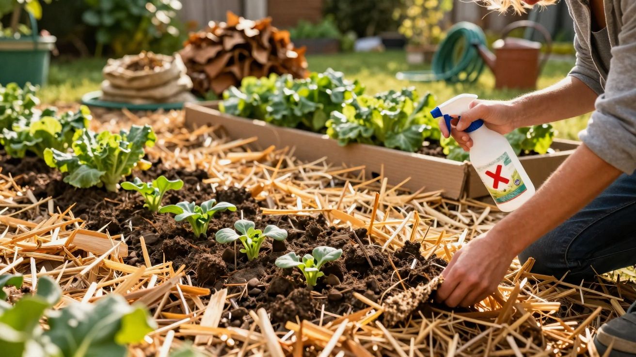 Pessoa a aplicar spray em plantas jovens num canteiro de jardim coberto com palha.