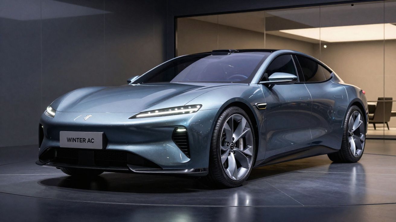 Carro eléctrico moderno cinzento metálico com faróis LED e design aerodinâmico exibido numa sala minimalista.