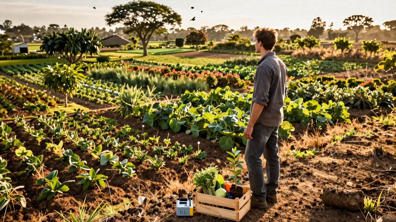 Homem observa plantações numa horta ao ar livre durante o pôr do sol com caixa de legumes ao lado.
