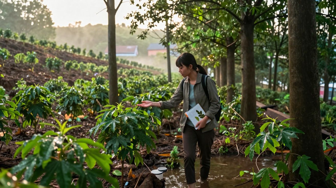 Mulher com mochila e caderno a examinar plantas numa plantação verde e húmida ao amanhecer.