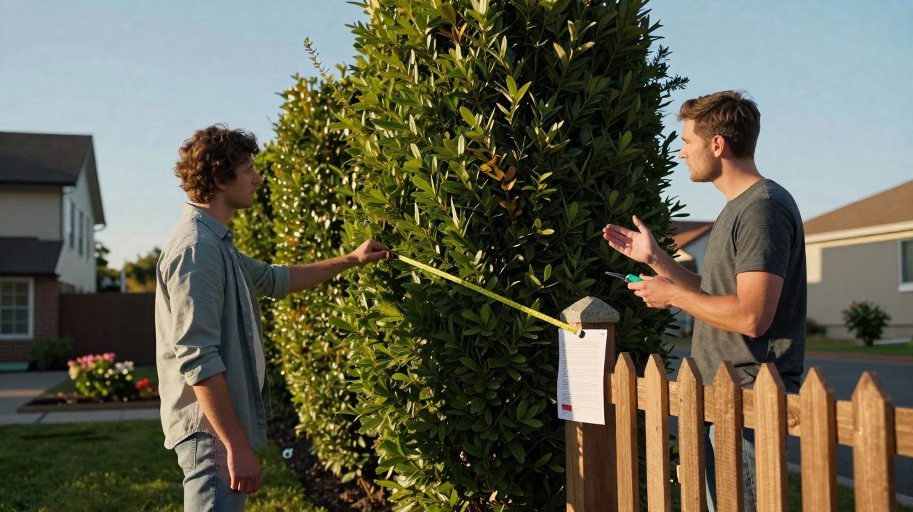 Dois homens medem uma sebe num jardim, um segura a fita métrica e o outro gesticula.