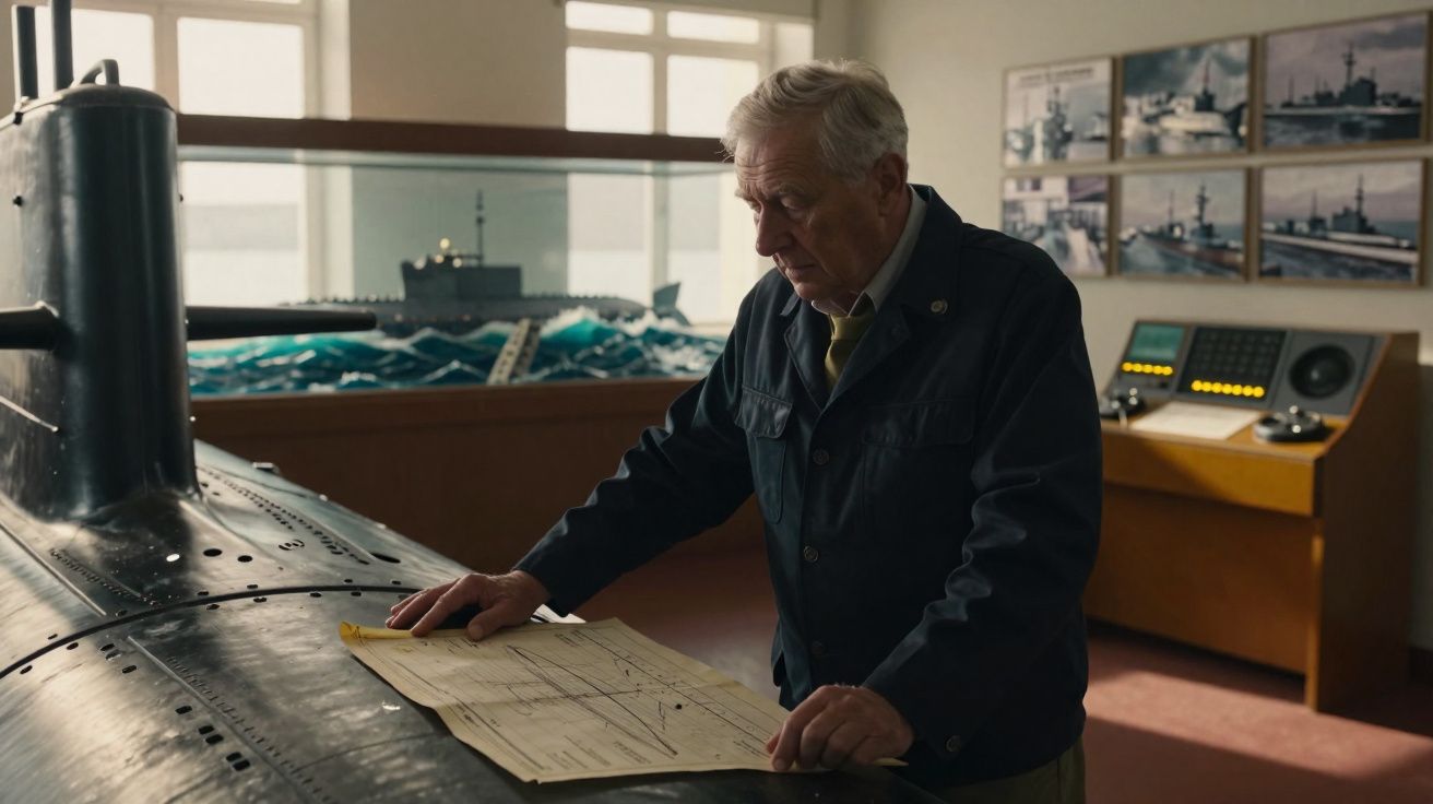 Homem idoso a analisar plantas sobre modelo de submarino em sala com mapas e aparelhos antigos.