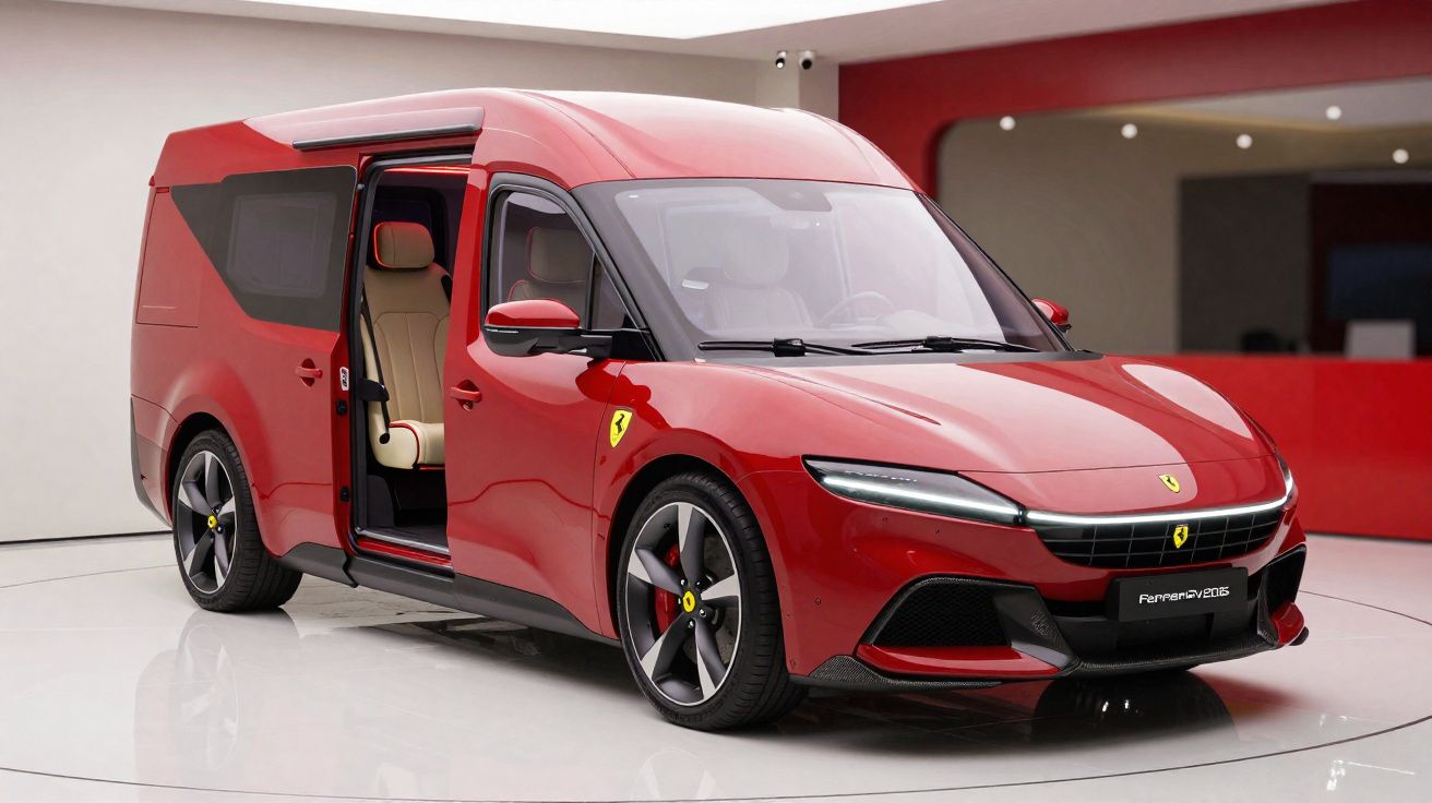 Carro vermelho Ferrari com porta lateral aberta em showroom moderno, interior bege visível.