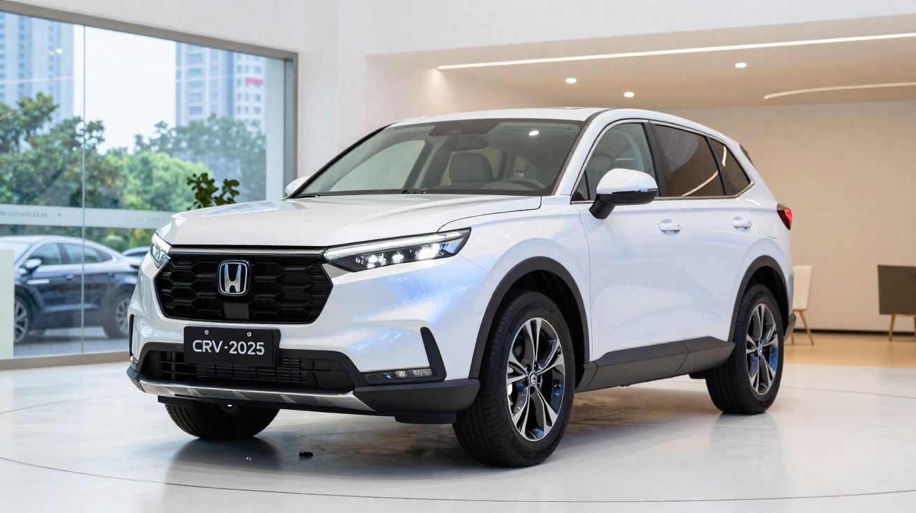 SUV Honda CR-V branco 2025 apresentado em ambiente interior moderno com grandes janelas e iluminação branca.