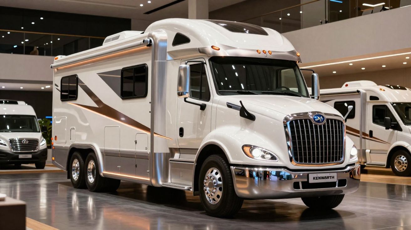 Autocaravana branca grande Kenworth exposta em salão interior moderno com iluminação brilhante.