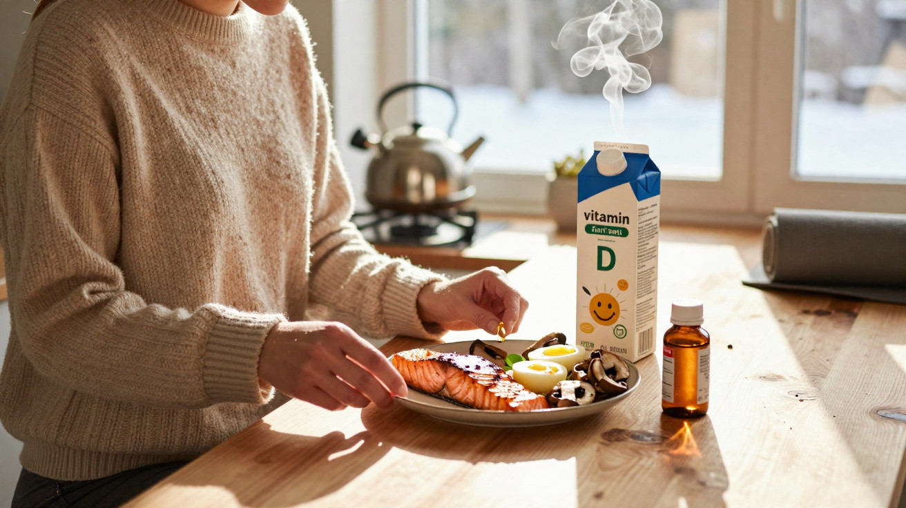 Pessoa a preparar uma refeição com salmão, ovos, cogumelos e suplemento de vitamina D numa mesa de madeira.