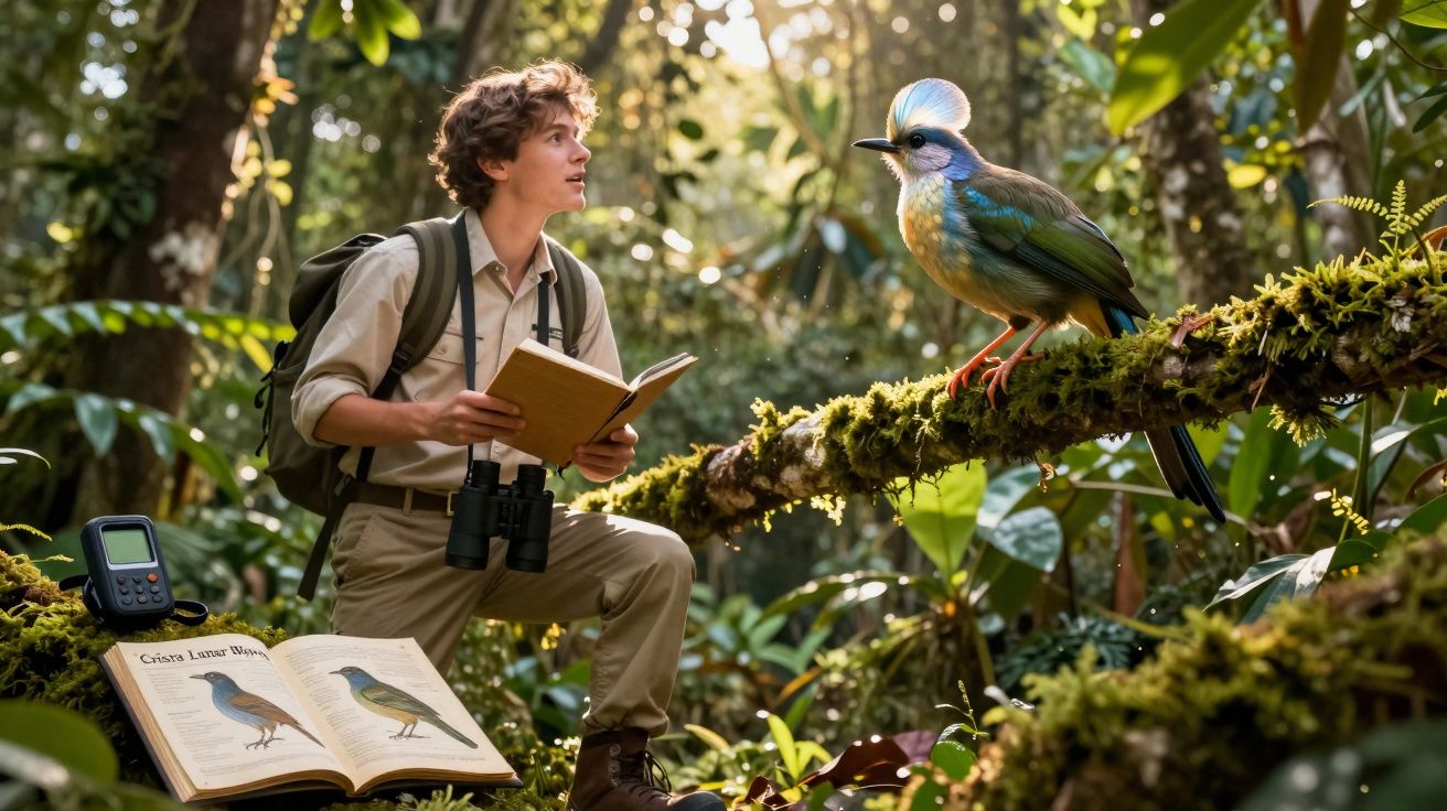 Jovem naturalista observa um pássaro colorido na floresta com livros e equipamento de observação.