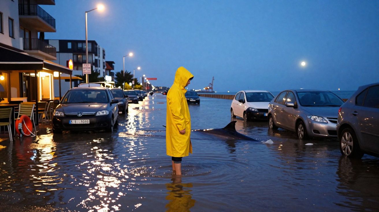 Pessoa com impermeável amarelo em rua inundada junto a carros estacionados durante anoitecer.