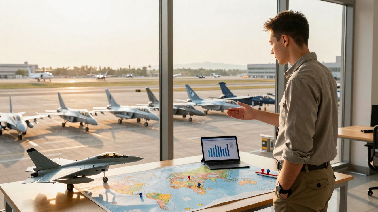 Homem em escritório com maquete de avião e mapa mundi, olhando para pista com vários jatos estacionados.