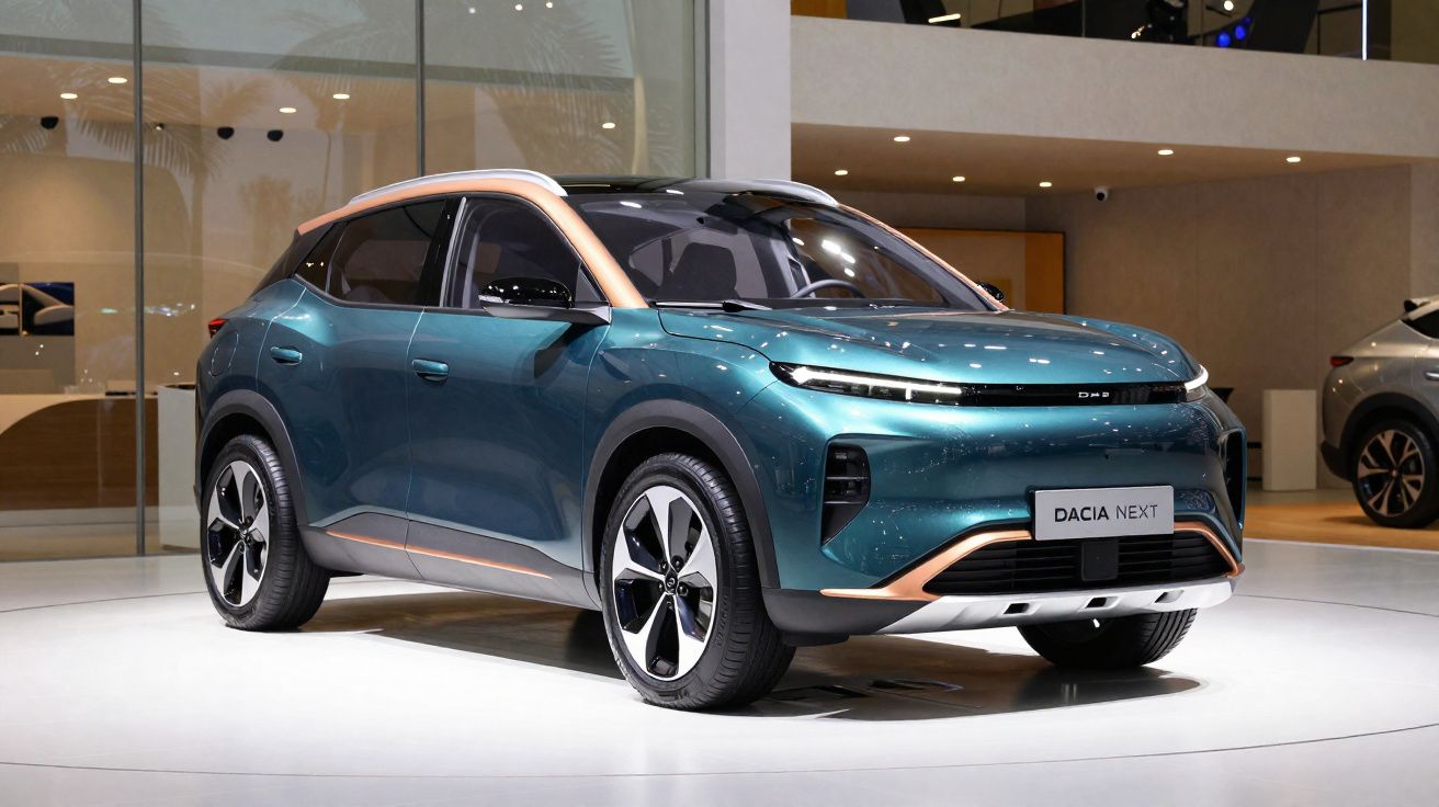 Automóvel SUV elétrico Dacia Next azul com detalhes em cobre, exposto em stand moderno.