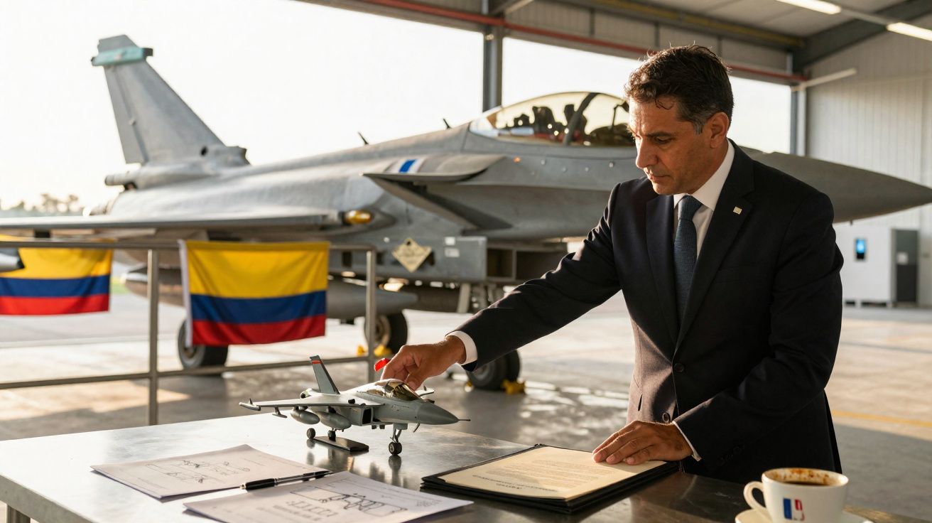 Homem de fato toca em miniatura de avião militar num hangar com caça ao fundo e bandeiras da Colômbia.
