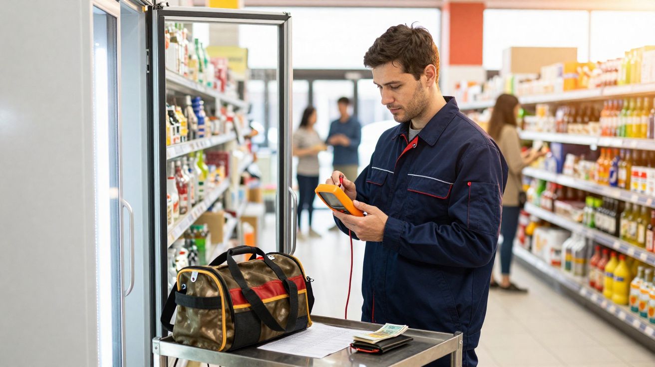Técnico a inspecionar equipamentos num supermercado, com mala de ferramentas sobre carrinho.