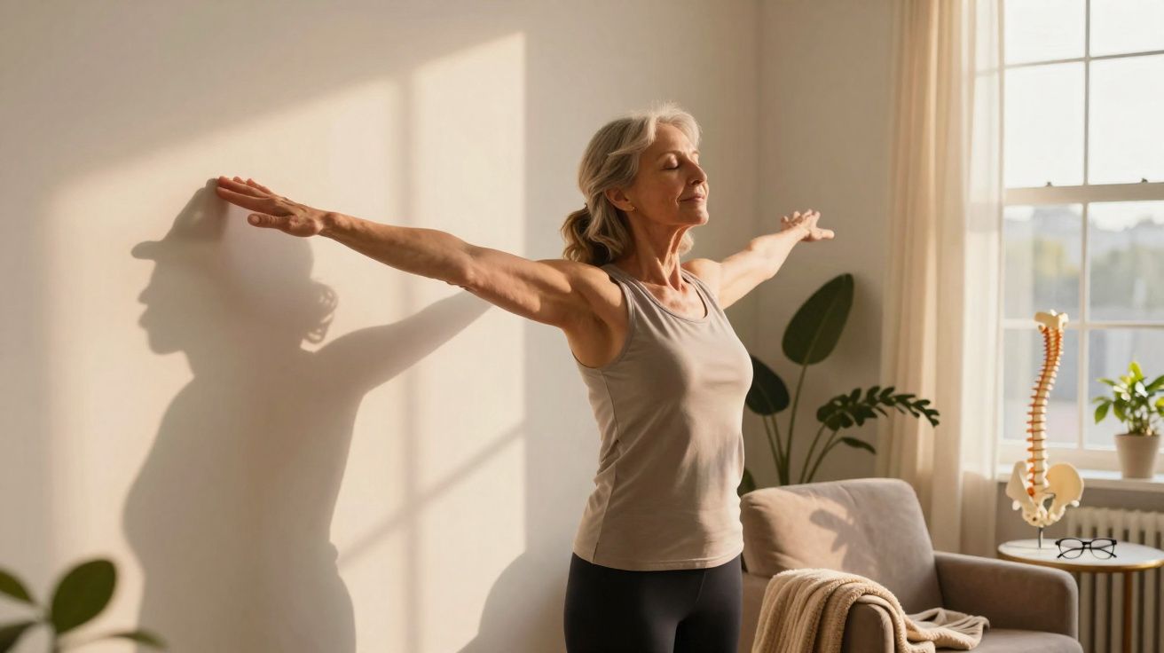 Mulher sénior a praticar exercícios de alongamento com braços estendidos numa sala iluminada pelo sol.