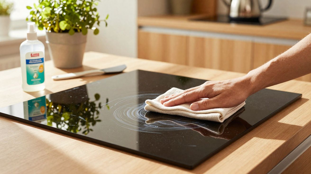 Mão a limpar placa de fogão vitrocerâmico com pano branco numa cozinha moderna e luminosa.