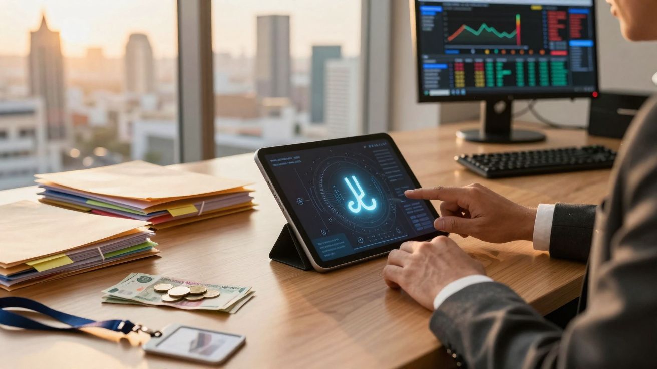 Pessoa a usar tablet com gráfico digital numa mesa de escritório com documentos, dinheiro e monitor de computador.