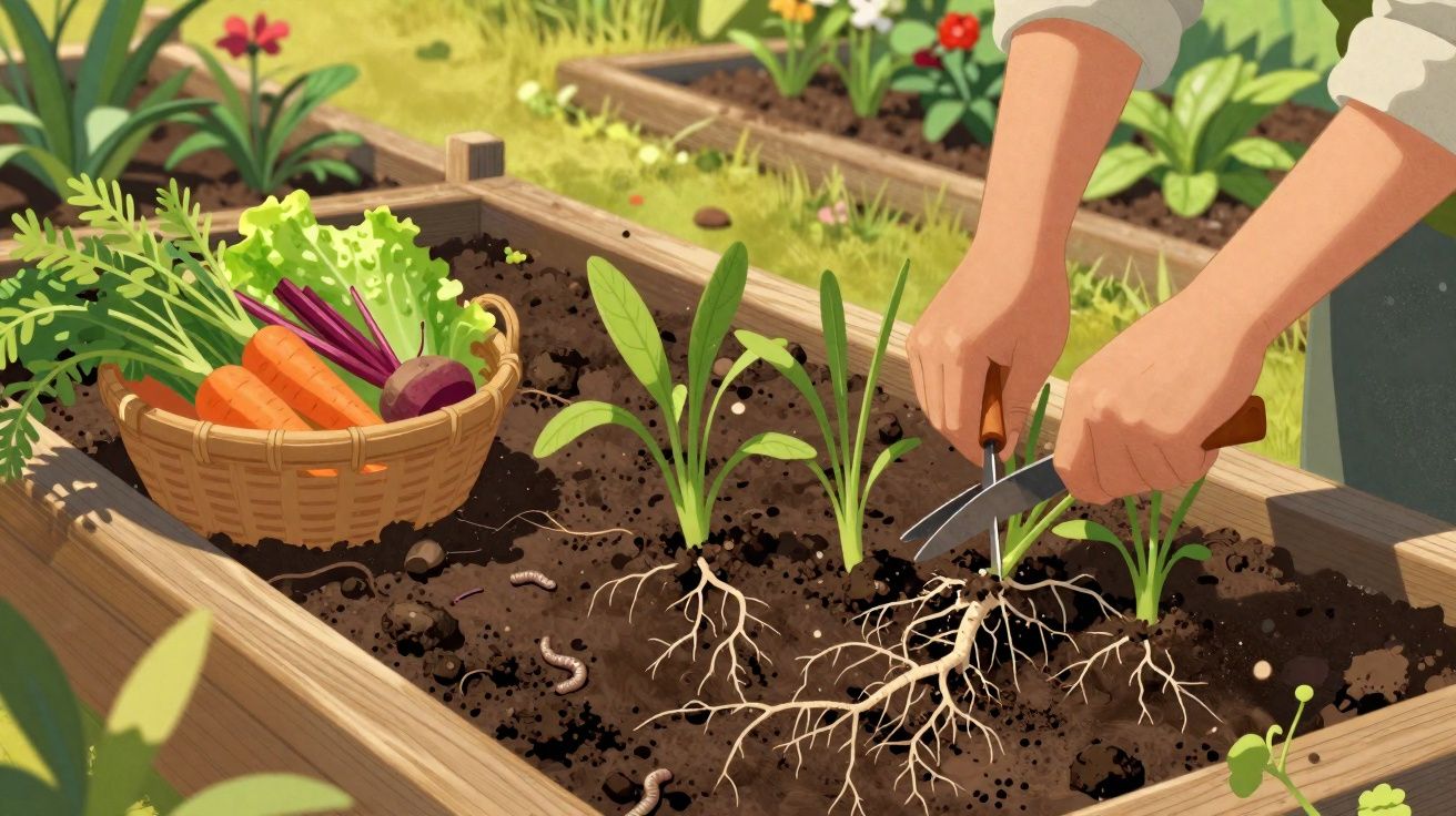 Pessoa a colher raízes de plantas jovens numa horta com cesto de legumes ao lado.