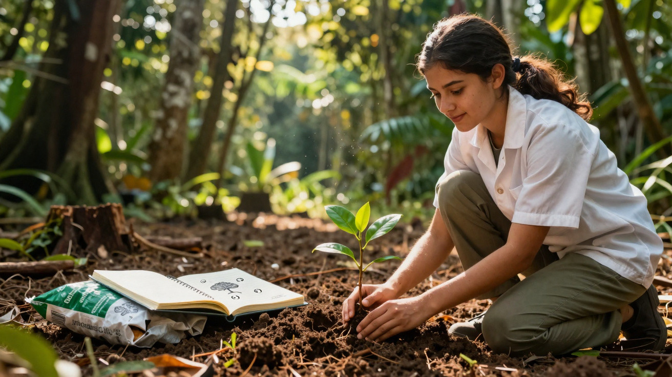 Jovem a plantar uma muda numa floresta, com um livro aberto e saco de terra ao lado.