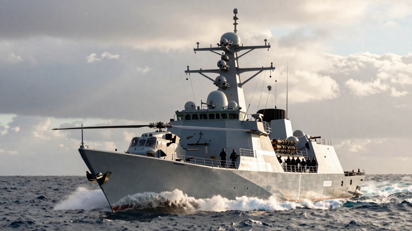 Cruzador militar cinzento a navegar no mar com tripulação visível e céu nublado ao fundo.
