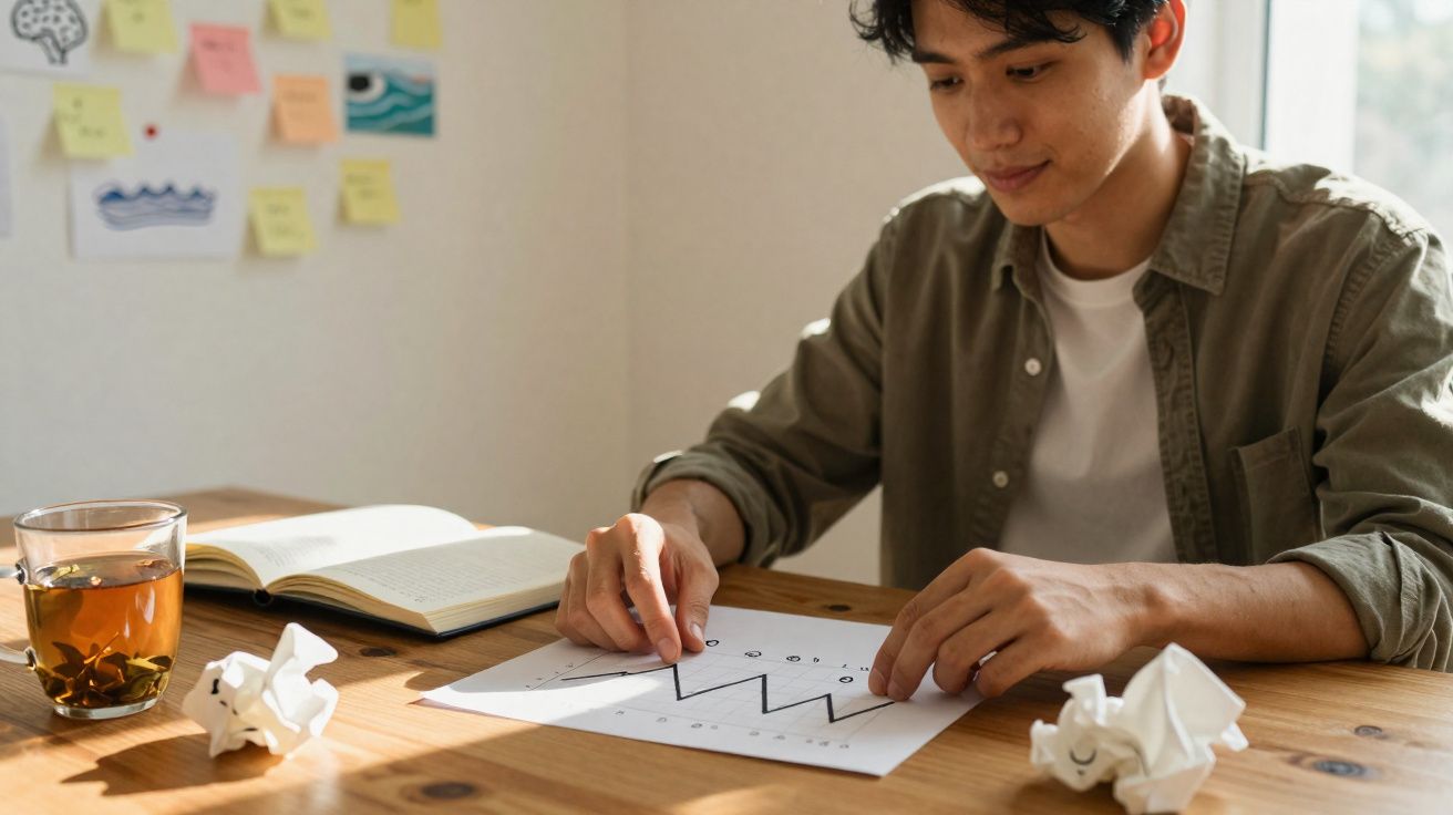 Homem a analisar gráfico de crescimento numa mesa com livro, chá e papéis amassados.
