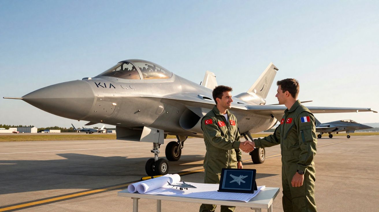 Dois pilotos militares de países diferentes apertam as mãos junto a um caça estacionado numa pista de voo.