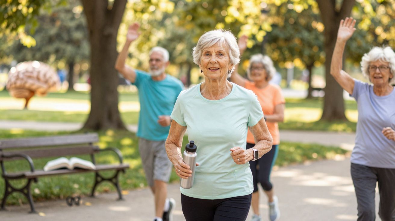 Grupo de idosos a fazer exercício num parque, com uma mulher à frente a correr e a segurar uma garrafa.