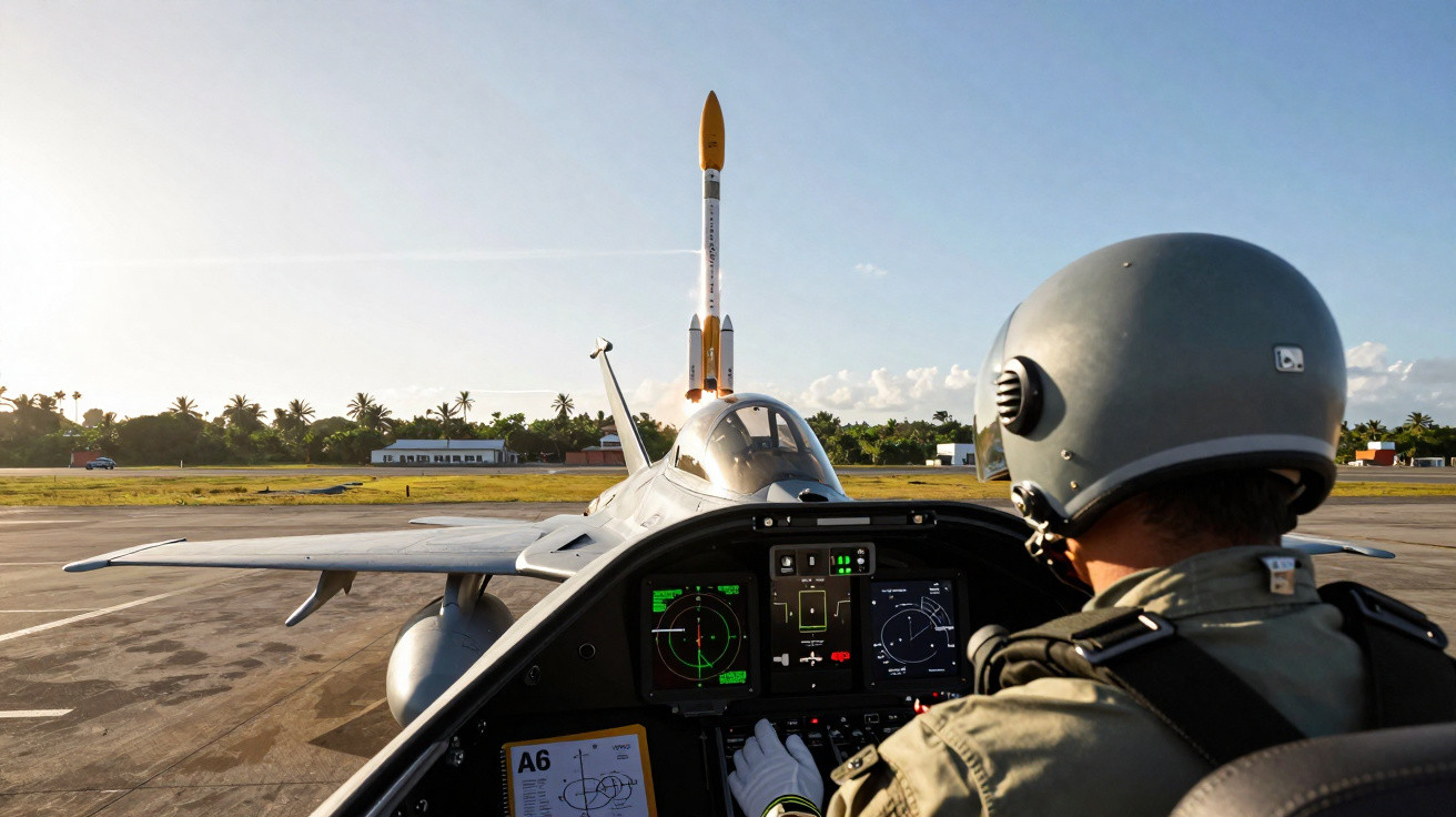 Piloto de caça com capacete no cockpit, com foguete e pista ao fundo num dia soalheiro.