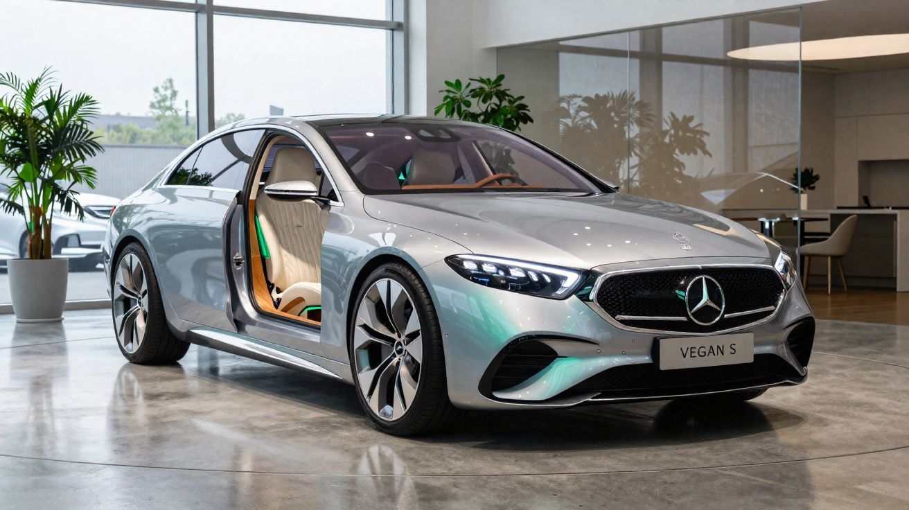 Carro elétrico Mercedes-Benz prateado com porta dianteira aberta, exposto num showroom moderno.