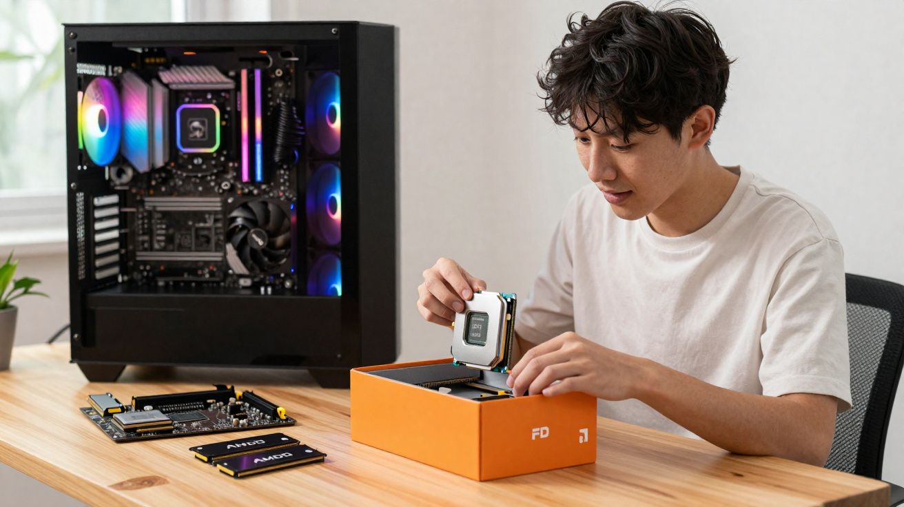Jovem manuseia processador de computador junto a peças e torre com luzes RGB numa secretária de madeira.