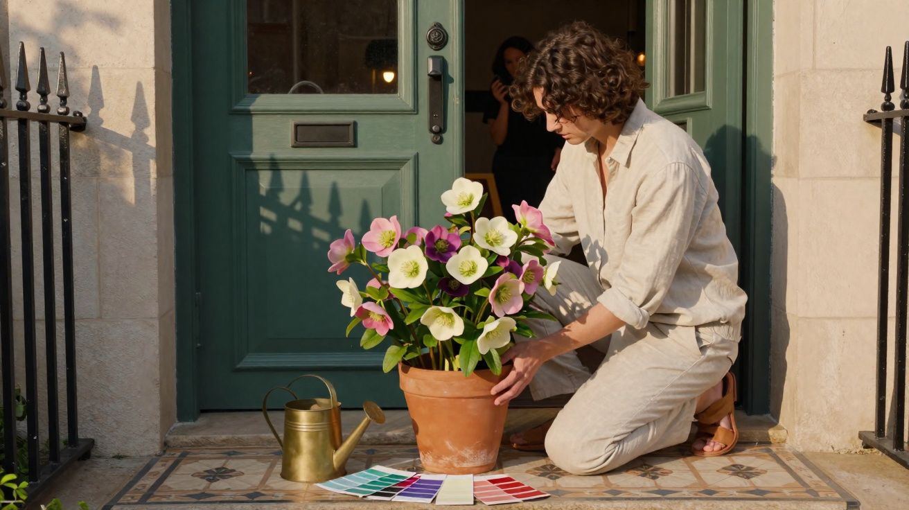 Pessoa ajoelhada a cuidar de vaso com flores coloridas na entrada de casa, com regador dourado ao lado.
