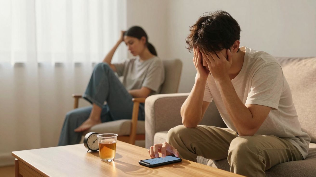 Homem e mulher sentados em sofás com expressão de frustração durante discussão em casa.