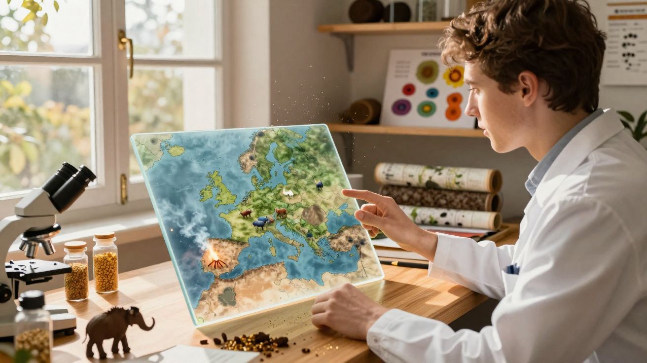Jovem cientista a estudar mapa interativo da Europa numa sala iluminada com equipamento de laboratório.