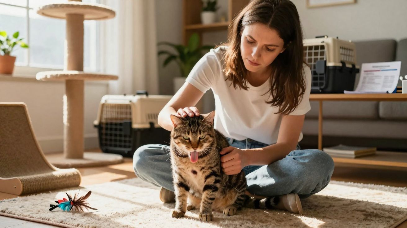 Mulher sentada no chão a fazer carinho a um gato que está com a língua de fora numa sala luminosa.