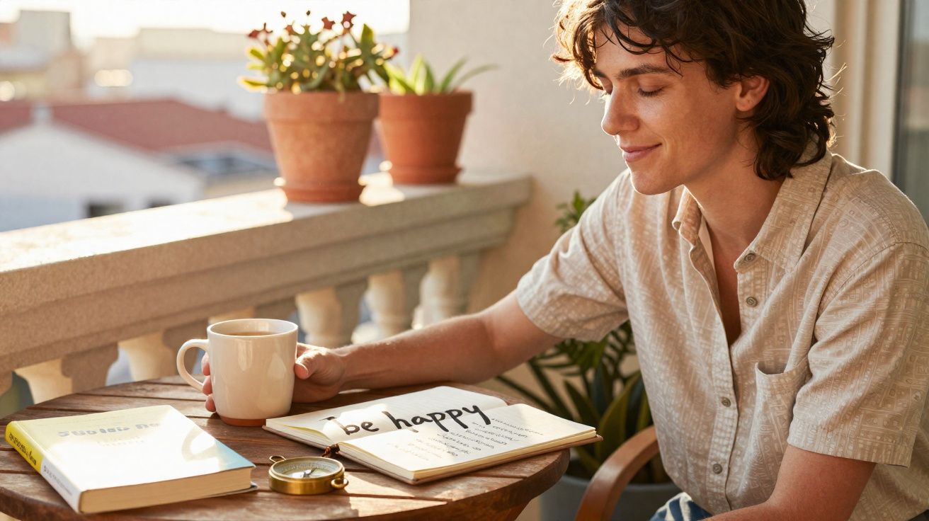 Jovem sentado numa varanda com chávena, diário aberto com frase "be happy" e livro em cima da mesa de madeira.