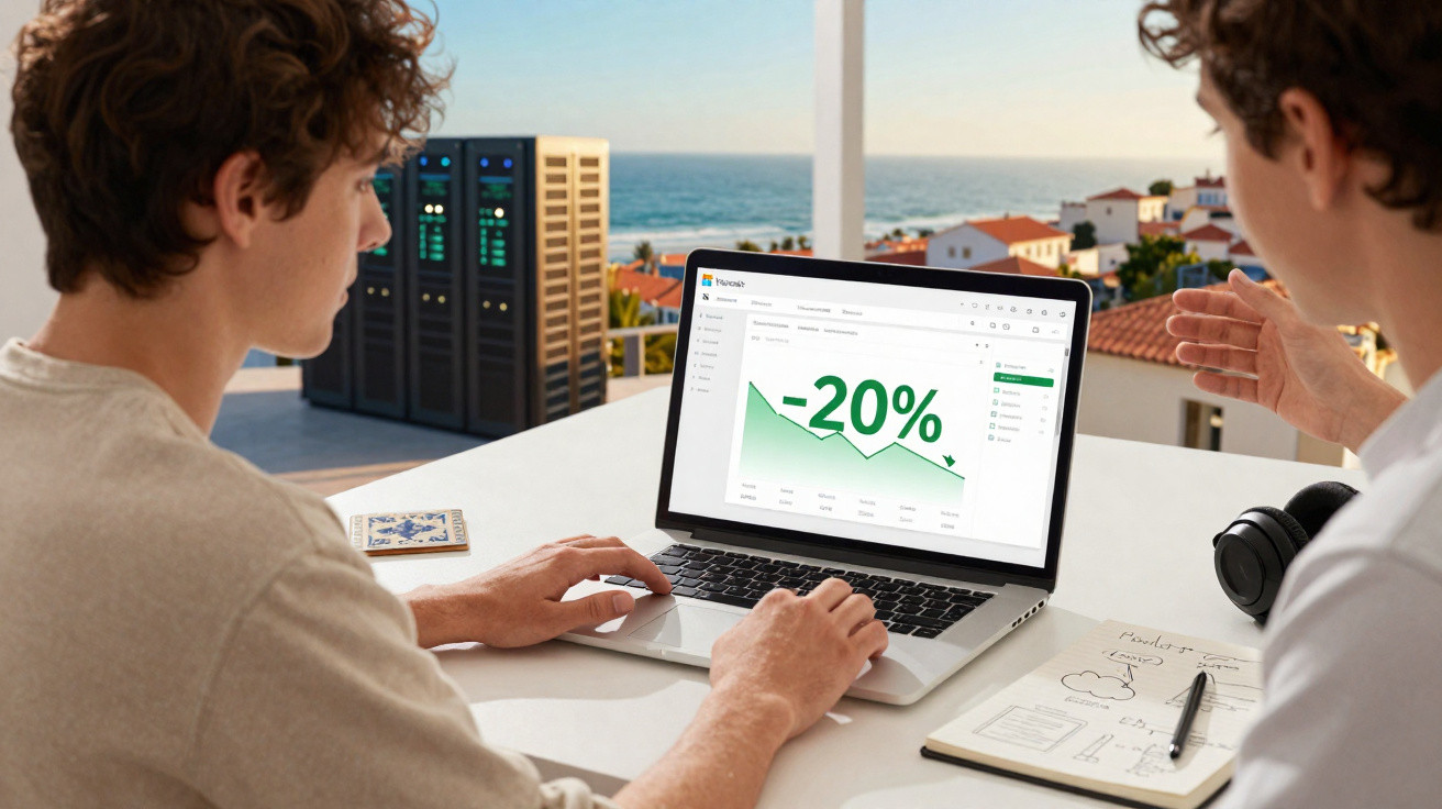 Duas pessoas analisam gráfico de descida de 20% num computador portátil numa varanda com vista para o mar.