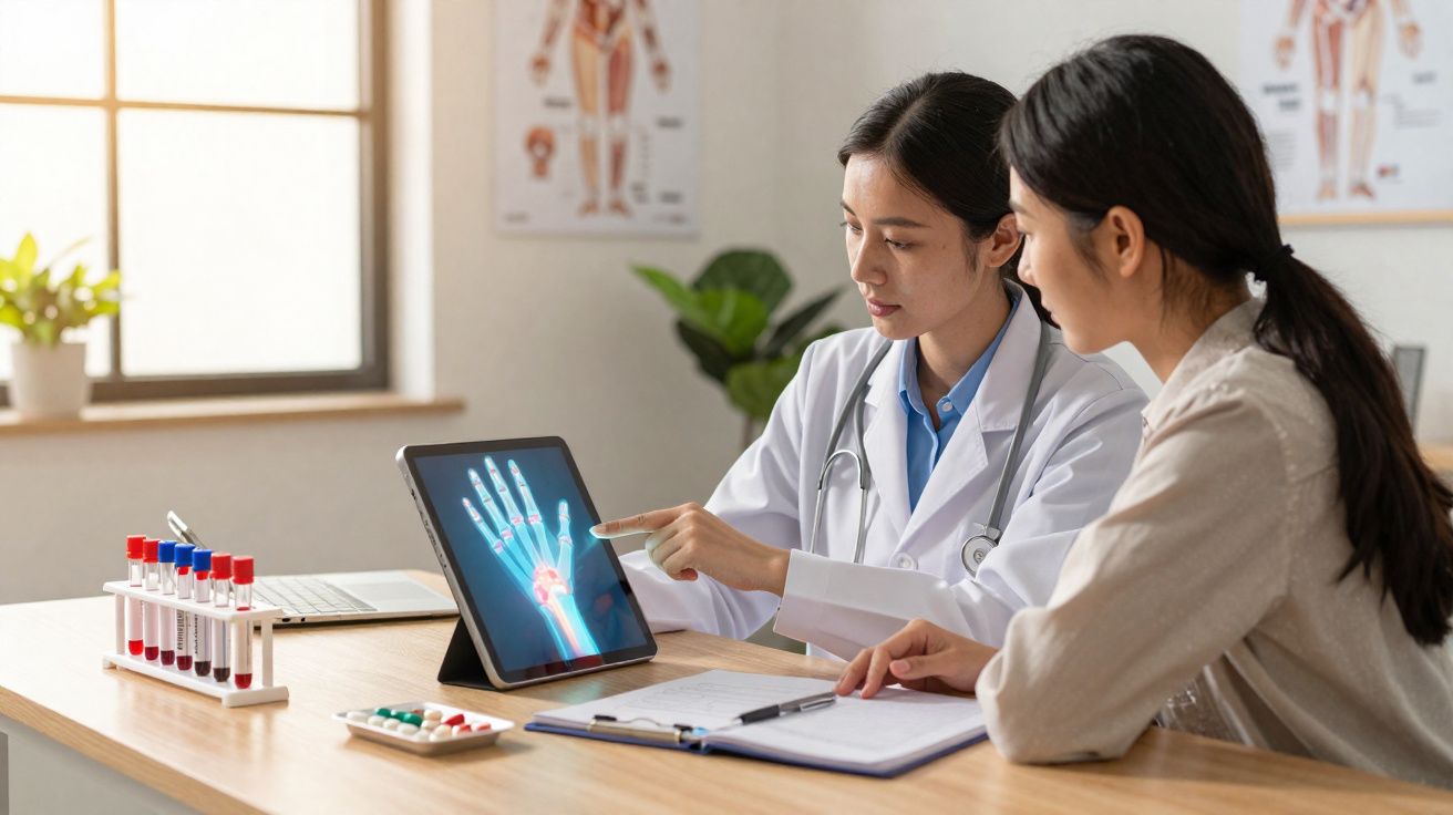 Médica a explicar radiografia da mão a paciente durante consulta num consultório iluminado.