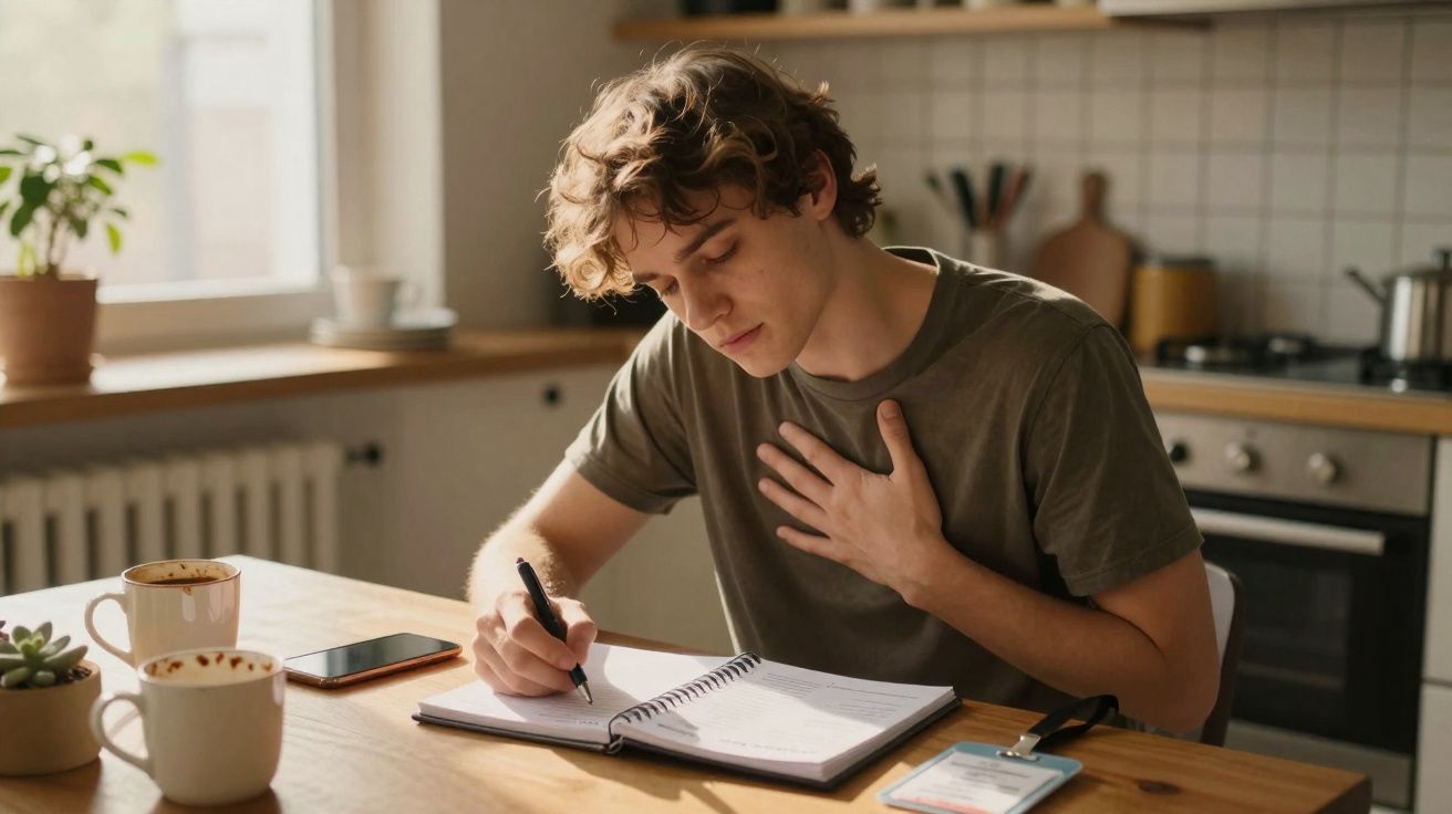 Jovem sentado a escrever num caderno numa cozinha iluminada, com duas chávenas e um telemóvel sobre a mesa.