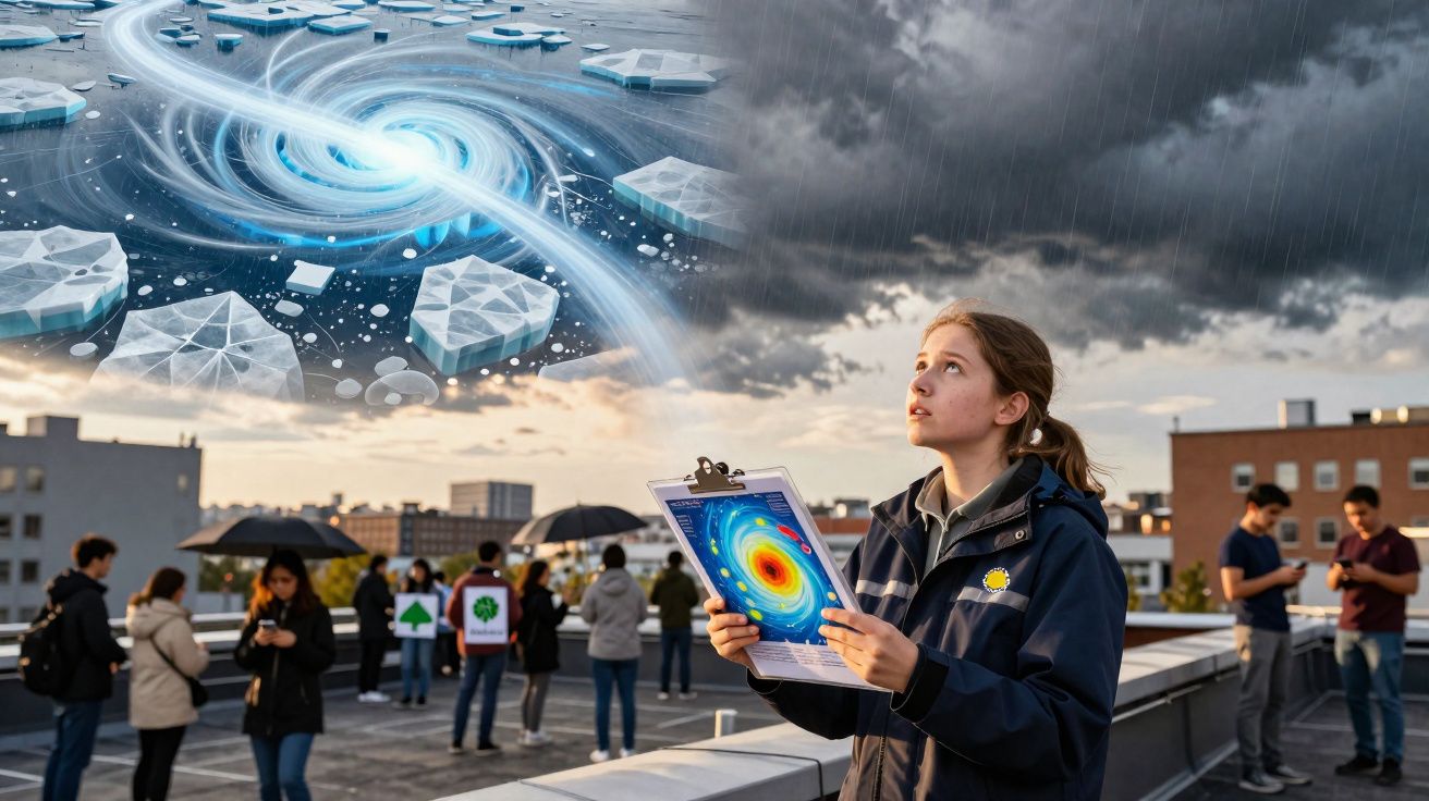 Mulher observa céu com furacão digital enquanto grupo ao fundo usa telemóveis em dia nublado numa cidade.