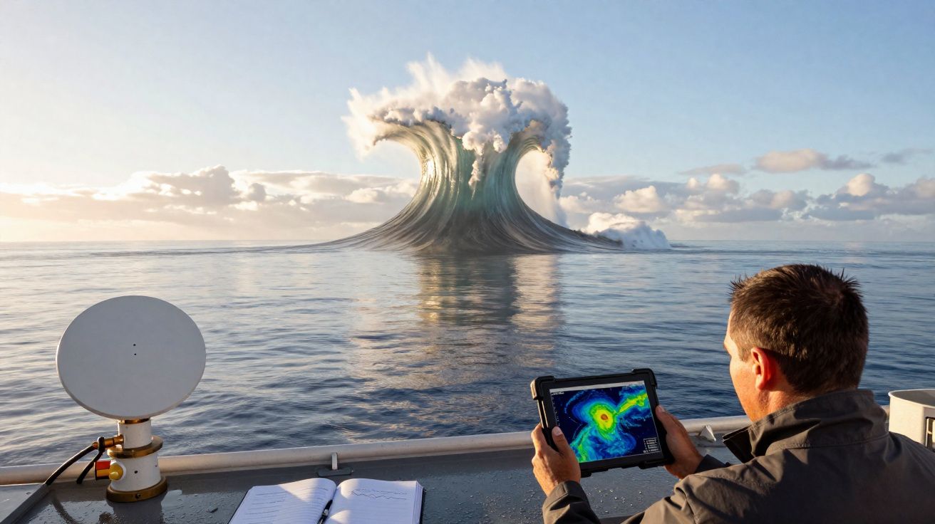 Ondas gigantes com formato de cogumelo no mar, vistas por homem com equipamento de monitorização a bordo de barco.