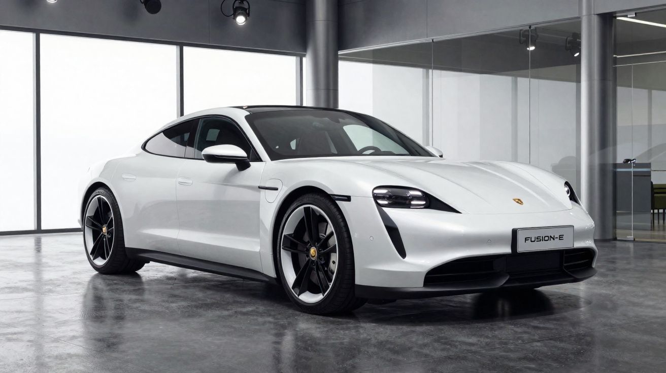 Carro elétrico desportivo branco Porsche Taycan estacionado num showroom moderno com chão cinzento brilhante.