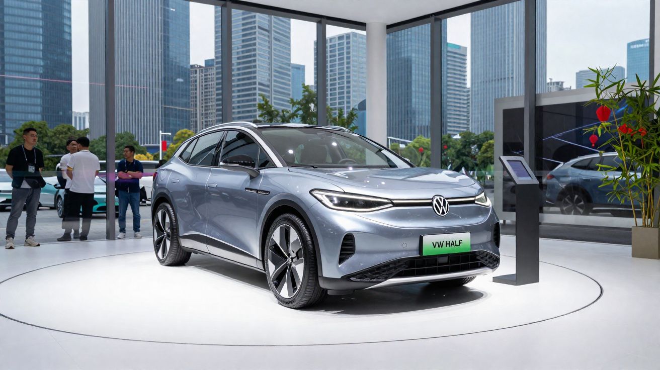 Carro elétrico Volkswagen VW Half cinza em exposição numa sala com vidros e arranha-céus ao fundo.