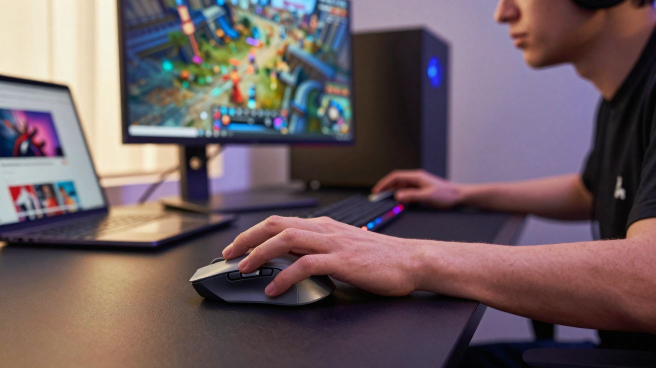 Pessoa a jogar videojogo num computador com rato e teclado RGB numa secretária escura.