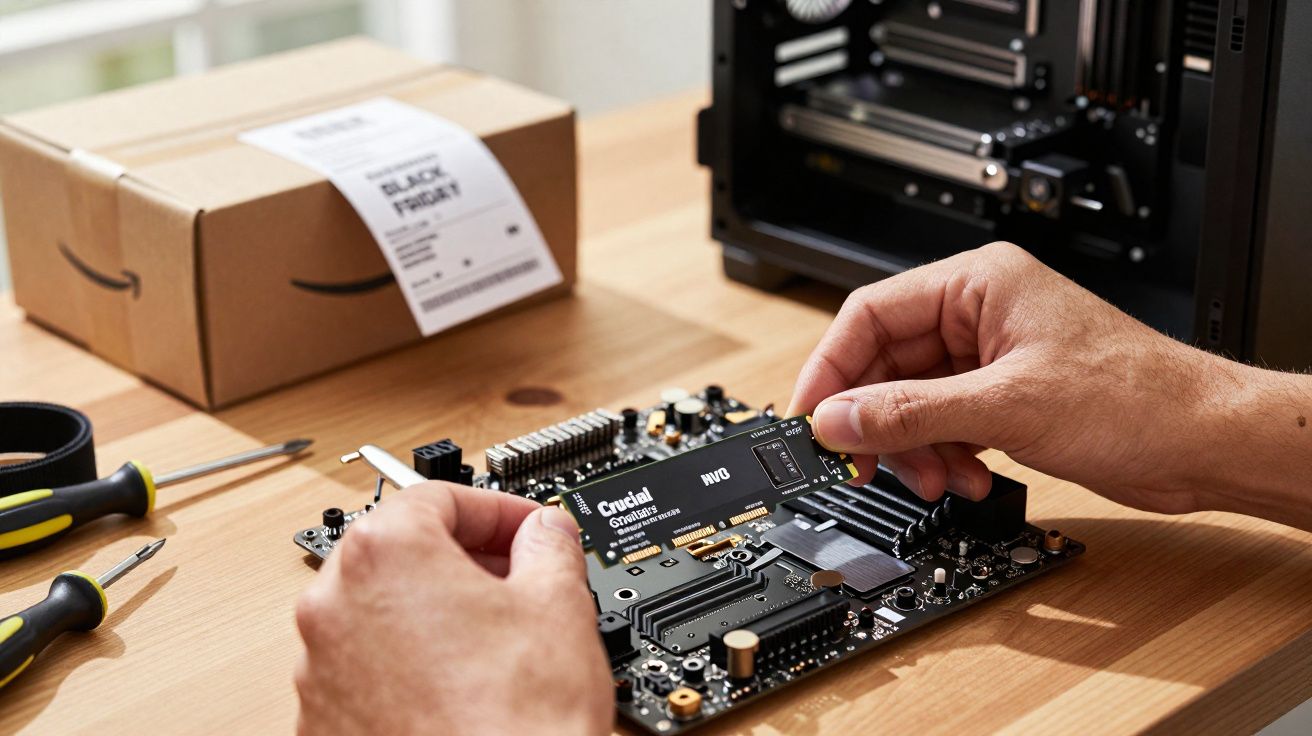 Pessoa a instalar uma unidade SSD NVMe num computador de secretária com ferramentas e uma caixa em cima da mesa.