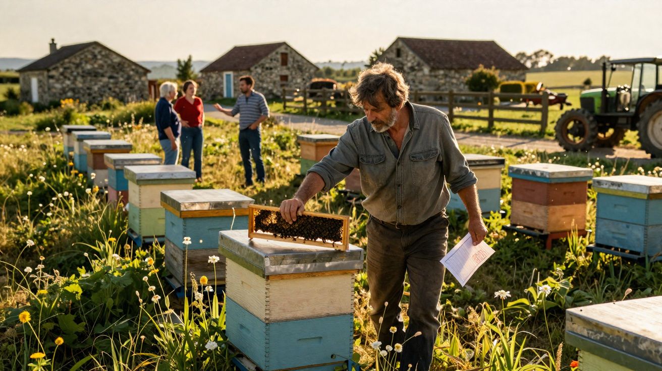 Apicultor inspeciona colmeia numa quinta com várias caixas de abelhas e casas ao fundo.