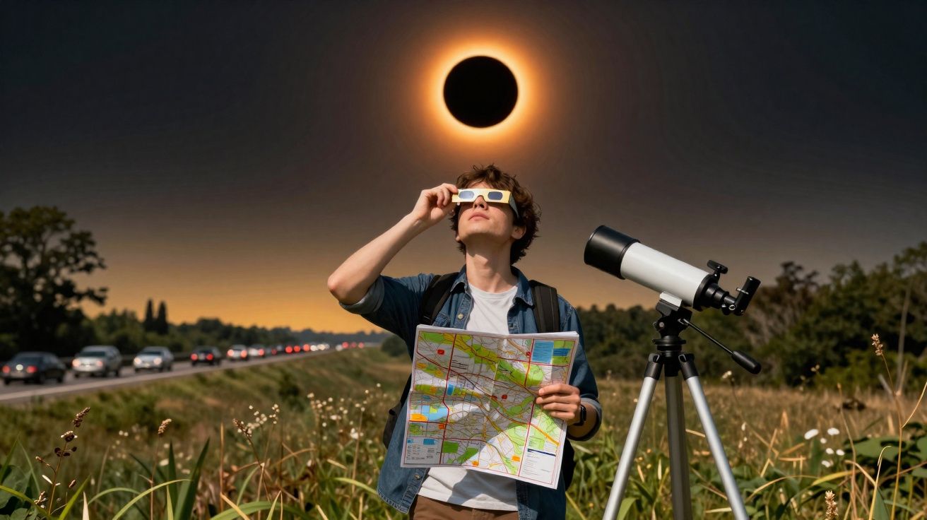 Pessoa com óculos especiais observa eclipse solar, segurando mapa junto a telescópio em campo aberto.