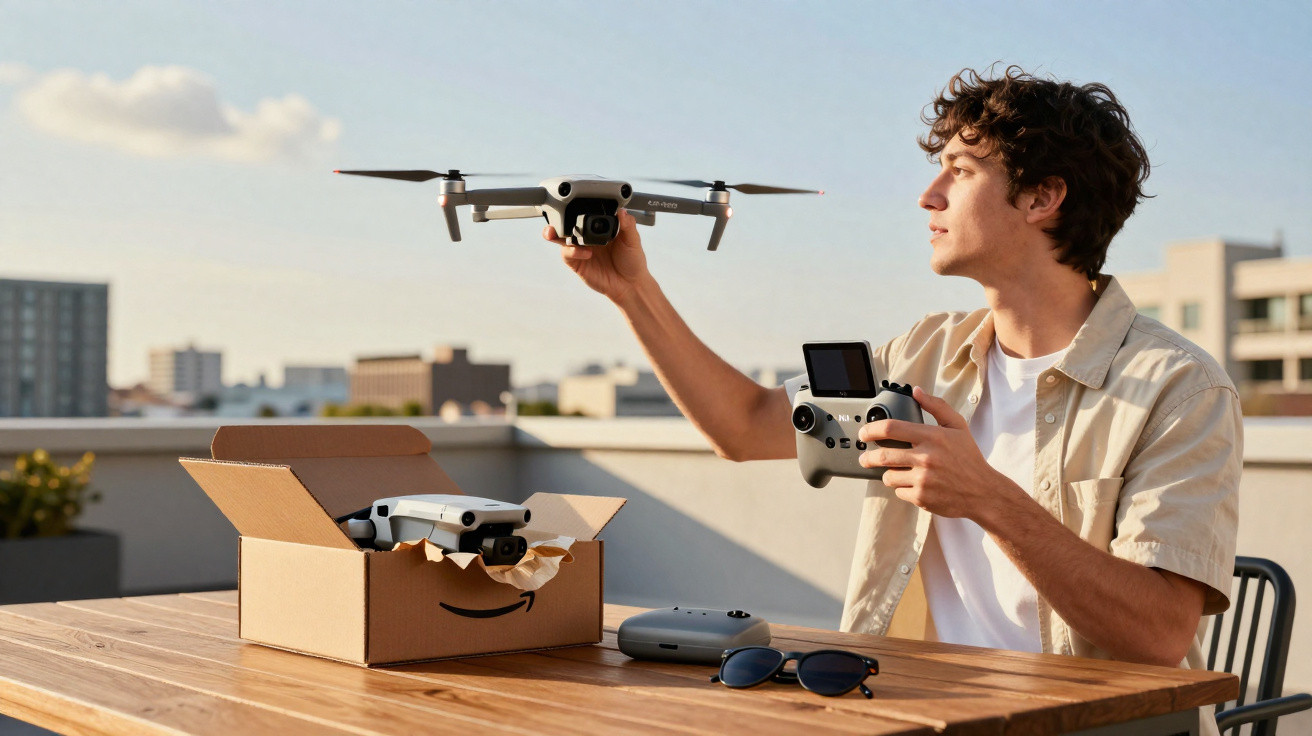 Jovem segura drone e comando, com drone novo dentro de caixa em mesa ao ar livre numa varanda.