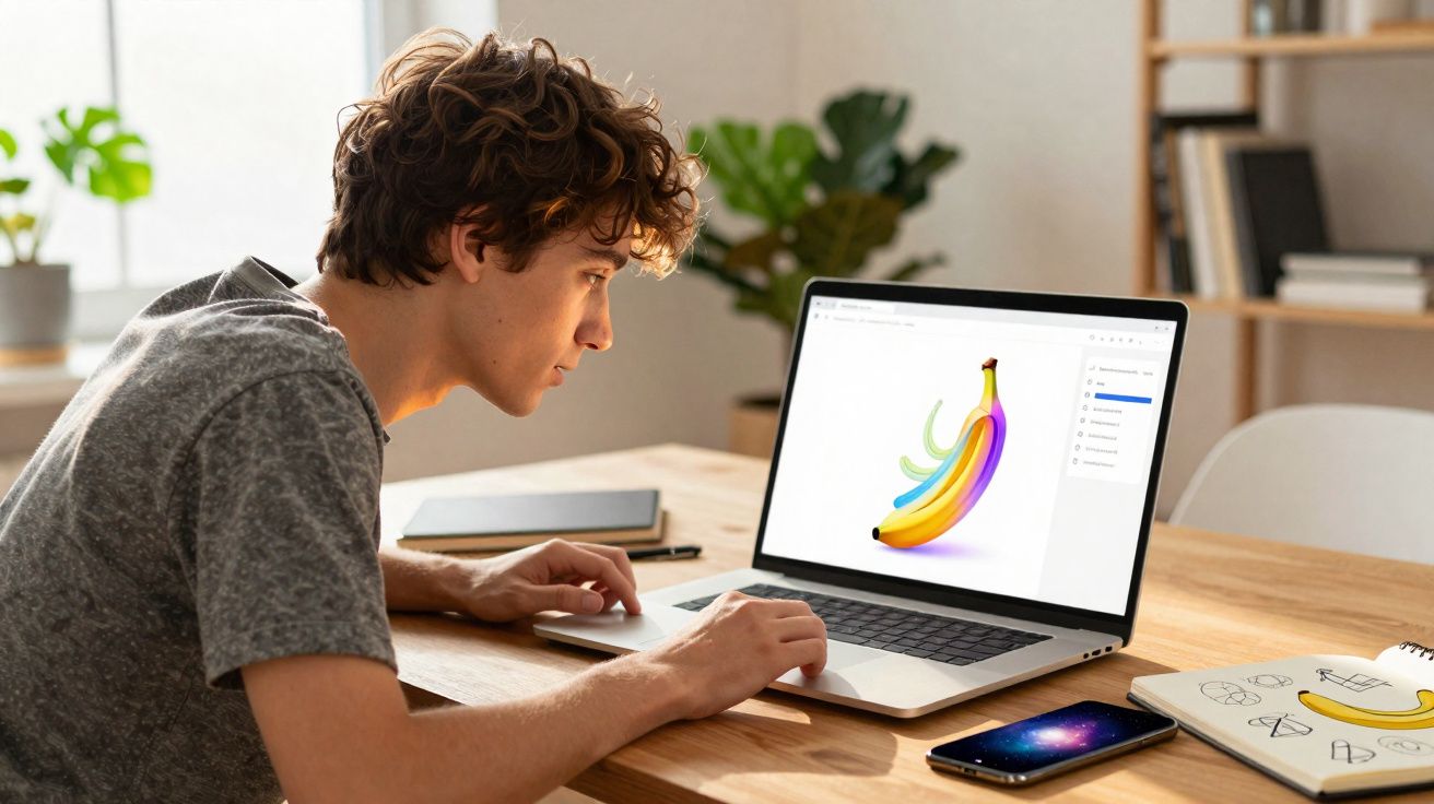 Jovem a desenhar digitalmente uma banana colorida num portátil numa mesa com caderno e smartphone.